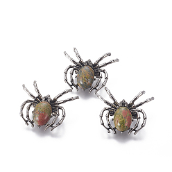 Унакит Натуральная брошь unakite, с выводами из сплава и стекла, паук, античное серебро, 34~35x41~42x7 мм, отверстие : 3x5 мм
