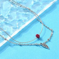 Нержавеющая Сталь Цвет 304 двухслойные ожерелья из нержавеющей стали и окрашенного натурального белого нефрита с перьями для женщин, красные, цвет нержавеющей стали, 15.47 дюйм (39.3 см)