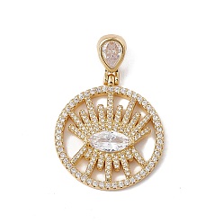 Real 18K Gold Plated Brass Micro Pave Clear Cubic Zirconia Pendants, Cadmium Free & Nickel Free & Lead Free, Rack Plating, Flat Round with Eye Pattern, Real 18K Gold Plated, 44x30x4.5mm, Hole: 3.5x7.5mm