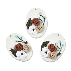 White Handmade Polymer Clay Pendants, Oval with Rose Flower, White, 34.5~36x24.5~25.5x6.5~8mm, Hole: 1.8mm