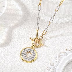 Golden & Stainless Steel Color Brass Hollow Disc with Heart Pendant 304 Stainless Steel Two Tone Paperclip Chain Necklaces with OT Clasps, Golden & Stainless Steel Color, 15.75 inch(40cm)