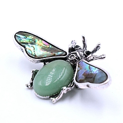 Green Aventurine Natural Green Aventurine Brooches, with Shell and Rhinestone, Insect, 36x60mm