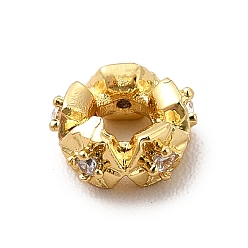 Настоящее золото 18K Реечное покрытие латунь кубический цирконий распорные бусины, без кадмия и без свинца, долговечный, колонка со снежинкой, реальный 18 k позолоченный, 6x2.5 мм, отверстие : 2 мм