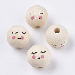 Old Lace Natural Wood European Beads, Printed, Large Hole Beads, Round, Old Lace, 15~16mm, Hole: 4mm, about 200pcs/bag