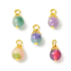 Mixed Color 20Pcs Natural White Jade Dyed Bead Pendants, Two Tone Round Charms with Golden Plated Iron Loops, Mixed Color, 16mm, Hole: 1.5mm