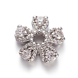Платина Латунь микро проложить кубический цирконий шарик, 5-лепесток, цветок, прозрачные, платина, 8x8x3 мм, отверстие : 1.4 мм
