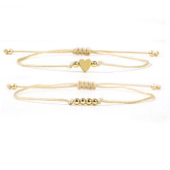 Желтая Старая Ткань  2шт. 2 стили богемные латунные бусины плетеные браслеты из бусин, Браслеты из нейлоновой нити плетеные для женщин, круглый и сердце, золотые, старое кружево, 11.02 дюйм (28 см)