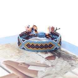 Светло-Голубой Женские браслеты на плоской подошве из полиэстера в этническом стиле с ромбическим шнуром, регулируемый браслет с кисточкой, Небесно-голубой, 5-7/8 дюйм (15 см)