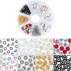 Mixed Color Luminous Acrylic Beads, Flat Round with Star & Flower & Moon & Heart, Mixed Color, 7x3.5mm, Hole: 1.6mm, 320pcs/set