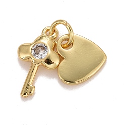 Real 18K Gold Plated Cubic Zirconia Pendants, with Rack Plating Brass Findings, with Jump Rings, Long-Lasting Plated, Lead Free & Cadmium Free, Key & Heart, Real 18K Gold Plated, 15mm, Jump Ring: 4.6x0.8mm, 3mm Inner Diameter, Key: 12.5x7x2mm, Heart: 8x8x1mm