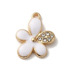 Weiß Blumenlegierungsemailleanhänger, mit Strass, Licht Gold, weiß, 17.5x13x2.5 mm, Bohrung: 1.4 mm