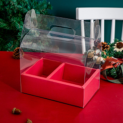 Red Plastic & Paper Transparent Carrying Flower Gift Box, with 2 Compartment, for Bakery Cake Cupcake Packing, Rectangle, Red, 157x240x285mm