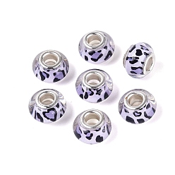 Lavande Perles européennes en résine opaque, Perles avec un grand trou   , Motif rondelle et léopard, avec noyaux en laiton plaqué couleur argent, lavande, 13.5~14x8~9mm, Trou: 4.5~5mm