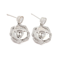 Platinum Flower Shape Brass Micro Pave Cubic Zirconia Dangle Stud Earring Findings, Earring Settings for Half Drilled Beads, Long-Lasting Plated, Cadmium Free & Lead Free, Platinum, 28x18mm