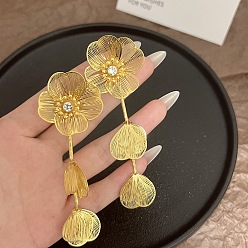 Золотой Серьги-гвоздики с подвесками из сплава с кристаллами и стразами в виде цветов и листьев, золотые, 98x34 мм