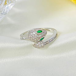 Платина Кольца-манжеты из змеиной латуни с микропаве из кубического циркония, открытые кольца для женщин, платина, внутренний диаметр: 17 мм