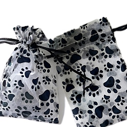 Paw Print Сумки из органзы с принтом и завязками, прямоугольные мешочки для драгоценностей, свадебная вечеринка рождественские подарочные пакеты, чёрные, отпечаток лапы, 15x10 см