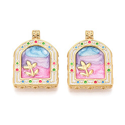 Сливовый 304 нержавеющей стальной эмали подвески, арка с цветком, ионное покрытие (ip), реальный 18 k позолоченный, слива, 30x21.5x5 мм, отверстие : 3 мм