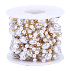 Creamy White ABS Plastic Pearl Heart and Round Beaded Chains, with Golden 316 Stainless Steel Cable Chains, Soldered, with Spool, Creamy White, 7.5x8x5mm, about 16.40 Feet(5m)/Roll