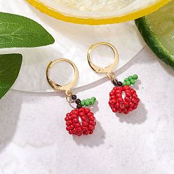 Яблоко Серьги из стеклянных бусин с застежкой-молнией, с бусиной из стекла миллефиори и 304 фурнитурой для сережек с застежкой-ангунаркой из нержавеющей стали, золотые, яблоко, 28x11 мм