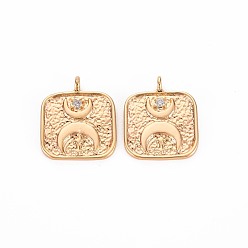 Real 18K Gold Plated Brass Micro Pave Clear Cubic Zirconia Pendants, Nickel Free, Square with Moon, Real 18K Gold Plated, 16.5x14x1mm, Hole: 1.6mm