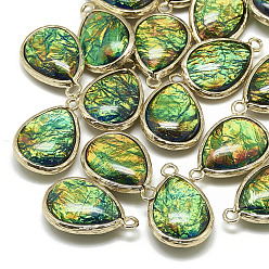 Зеленый Подвески из смолы, с фурнитурой латунной золотого тона, слеза, зелёные, 19x12x7 мм, отверстие : 1~2 мм