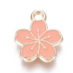 Orange Aluminium Anhänger & Charms, mit Emaille, Blume, Licht Gold, Licht Lachs, 15x12x1.5 mm, Bohrung: 1.6 mm