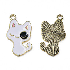 White Alloy Enamel Pendants, Cadmium Free & Lead Free, Light Gold, Cat, White, 25x14x1.5mm, Hole: 1.5mm
