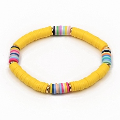 Jaune Bracelets élastiques faits à la main de perles heishi en pâte polymère, laiton perles d'espacement, jaune, diamètre intérieur: 2-1/4 pouce (5.6 cm)