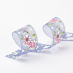 Midnight Blue Polyester Organza Ribbons, Flower, Printed, Midnight Blue, 1 inch(25mm), about 200yards/roll(182.88m/roll)