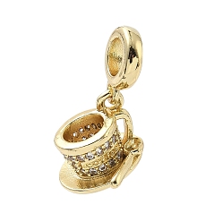 Настоящее золото 18K Латунь микропаве прозрачный кубический цирконий европейские подвески с подвесками, Подвески с большими отверстиями, кофейная чашка и ложка, долговечный, стойки покрытие, без кадмия и без свинца, реальный 18 k позолоченный, 23 мм, отверстие : 4.5 мм