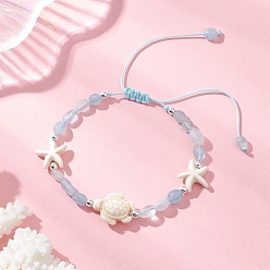 Аквамарин Браслеты из натуральных аквамаринов и синтетических бирюзовых бусин, сплетенные из бусин., Регулируемые браслеты из плетеного нейлонового шнура для женщин, морская черепаха и морская звезда, С немагнитным синтетическим гематитом, внутренний диаметр: 1.85~3.23 дюйм (4.7~8.2 см)