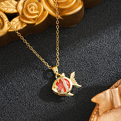 Red Ocean Brass Pave Cubic Zirconia Fish Pendant 201 Stainless Steel Cable Chain Necklaces for Women, Ion Plating(IP), Real 18K Gold Plated, Red, 15.75 inch(40cm)