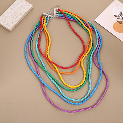 Античное Серебро Многослойные ожерелья из сплава в стиле бохо с разноцветными рондельками из пластика и бисера, античное серебро, 17.72 дюйм (45 см)