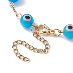 Deep Sky Blue Lampwork Evil Eye Link Chain Bracelets, with Golden Brass Bar Link Chains, Deep Sky Blue, 7 inch(17.8cm)