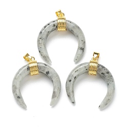 Джаспер Кунжут Натуральный кунжута яшма подвески, с фурнитурой позолоченной латунной, двойной рог / полумесяц, 31~33x30x10 мм, отверстие : 6x4 мм