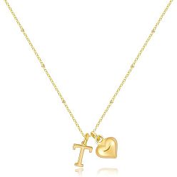 Letter T Женские латунные подвески в виде инициалов и сердца, реальный 14 k позолоченный, Письмо T, 15.75 дюйм (40 см)