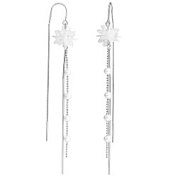 Platinum Anti-Tarnish Crystal Rhinestone Flower with Shell Pearl Beaded Tassel Dangle Earrings, Rhodium Plated 925 Sterling Silver Long Drop Ear Thread for Women, Platinum, 95.5x13.5mm, Pin: 0.8mm