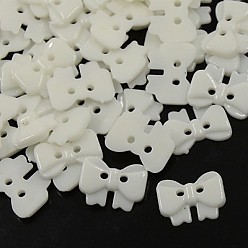 White Acrylic Bowknot Buttons, 2-Hole, Dyed, White, 14x10x2mm, Hole: 1mm