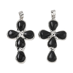 Obsidian Natural Obsidian Pendants, Cross Charms, with Platinum Tone Brass Findings, 38~41x22.5~23.5x5.5~6mm, Hole: 5.5x3.5mm