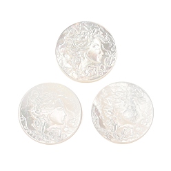 Белые Ракушки Резные кабошоны из натуральной белой ракушки, плоский круг с камео женщинами, 15x2.5 мм