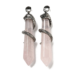 Розовый Кварц Подвески из розового натурального кварца, Латунные подвески в виде змеи, облицованные стойкой, граненые пули, античное серебро, без кадмия и без свинца, 60.5x11.5x14 мм, отверстие : 8x5 мм