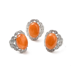 Red Aventurine Natural Red Aventurine Adjustable Rings, Platinum Tone Oval Brass Rings for Women, Cadmium Free & Lead Free, US Size 7 3/4(17.9mm), 3.5~5mm