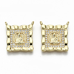 Real 16K Gold Plated Brass Micro Pave Clear Cubic Zirconia Pendant Link, Nickel Free, Square with Human, Real 16K Gold Plated, 16.5x15.5x2mm, Hole: 1mm