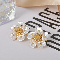 Real 22K Gold Plated Flower Brass Stud Earring, with Plastic Pearl, for Women, White, Real 22K Gold Plated, 24x24mm