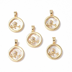 Real 18K Gold Plated Shell Pendants, with Brass & Glass Findings, Flat Round with Plum Blossom Charm, Real 18K Gold Plated, 17x15x3mm, Hole: 4x2mm