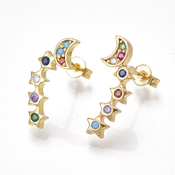 Golden Brass Cubic Zirconia Stud Crawler Earrings, Climber Earrings, with Ear Nuts, Star and Moon, Golden, 19~20.5x8~9mm, Pin: 0.7mm