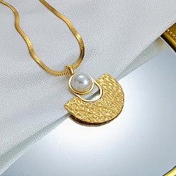 Fan 304 Colliers pendentifs texturés en acier inoxydable et imitation perle, or, blanc, fan, 16.14 pouce (41 cm)