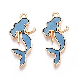 Стально-синий Подвески из эмали и сплава, русалка, золотой свет, стальной синий, 29x12.5x2 мм, отверстие : 1.4 мм