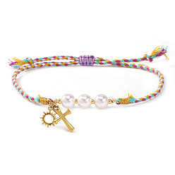 Разноцветный 304 из нержавеющей стали шарм браслеты, Браслеты из искусственного жемчуга и бисера, плетеные, для женщин., крест и солнце, красочный, 11.02 дюйм (28 см)